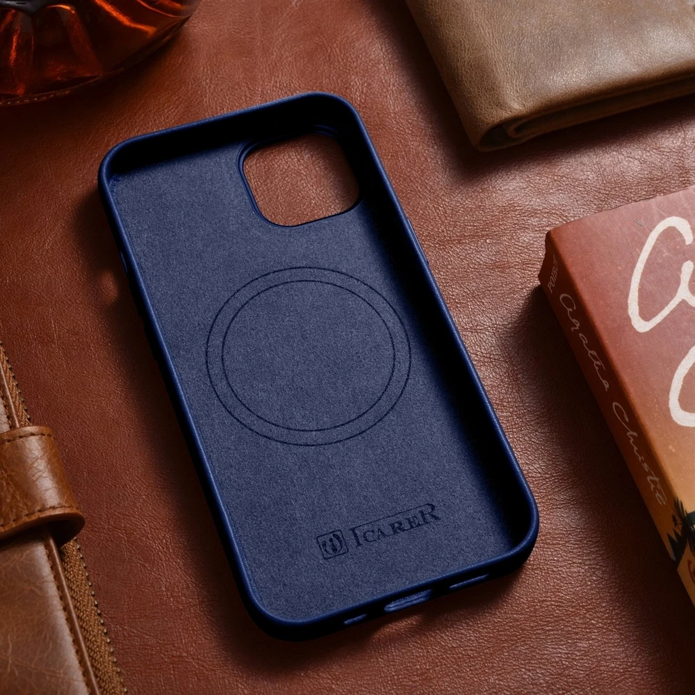 iCarer Leather Apple iPhone 14 Plus genuine leather dėklas telefonui mėlynos spalvos (compatible with MagSafe)