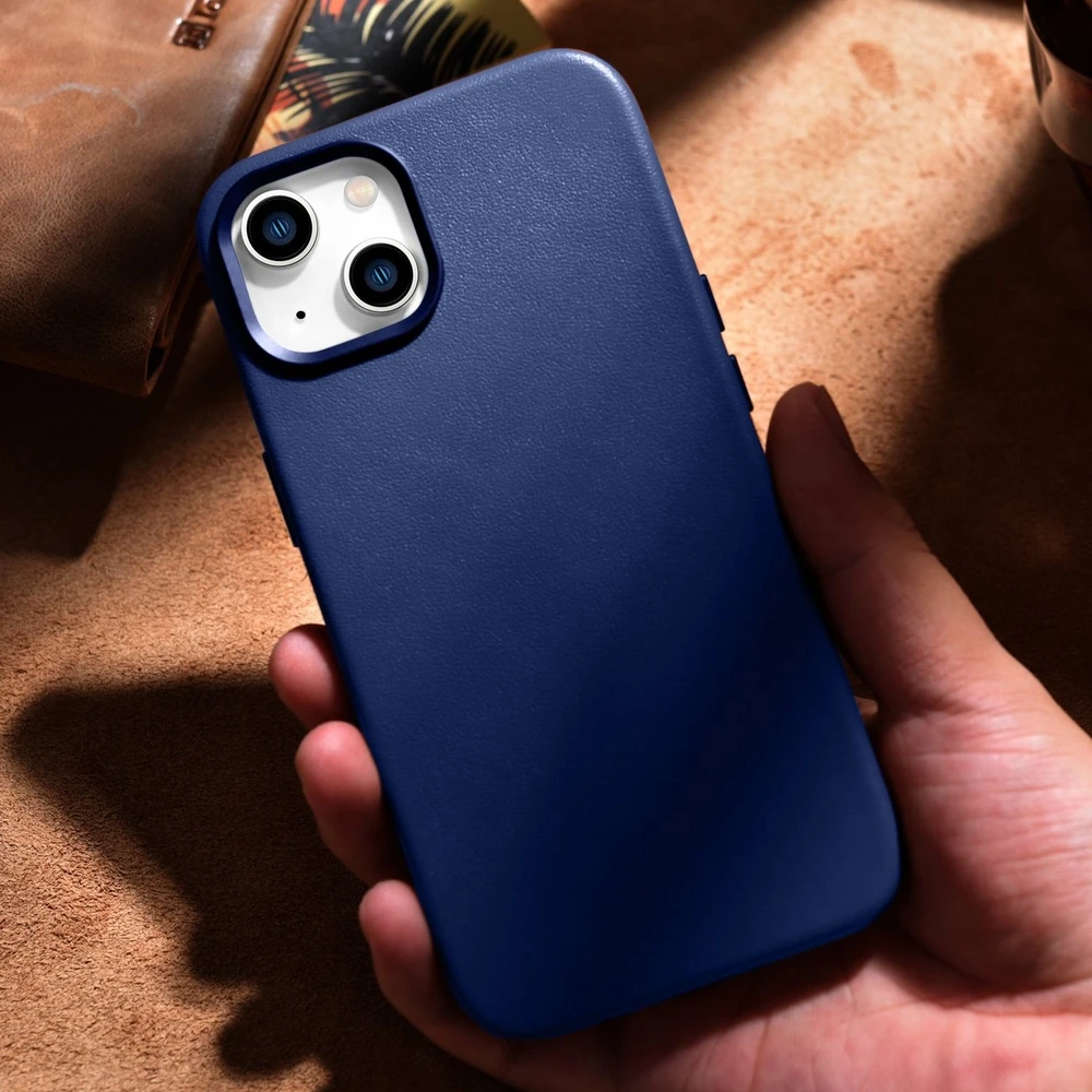 iCarer Leather Apple iPhone 14 Plus genuine leather dėklas telefonui mėlynos spalvos (compatible with MagSafe)