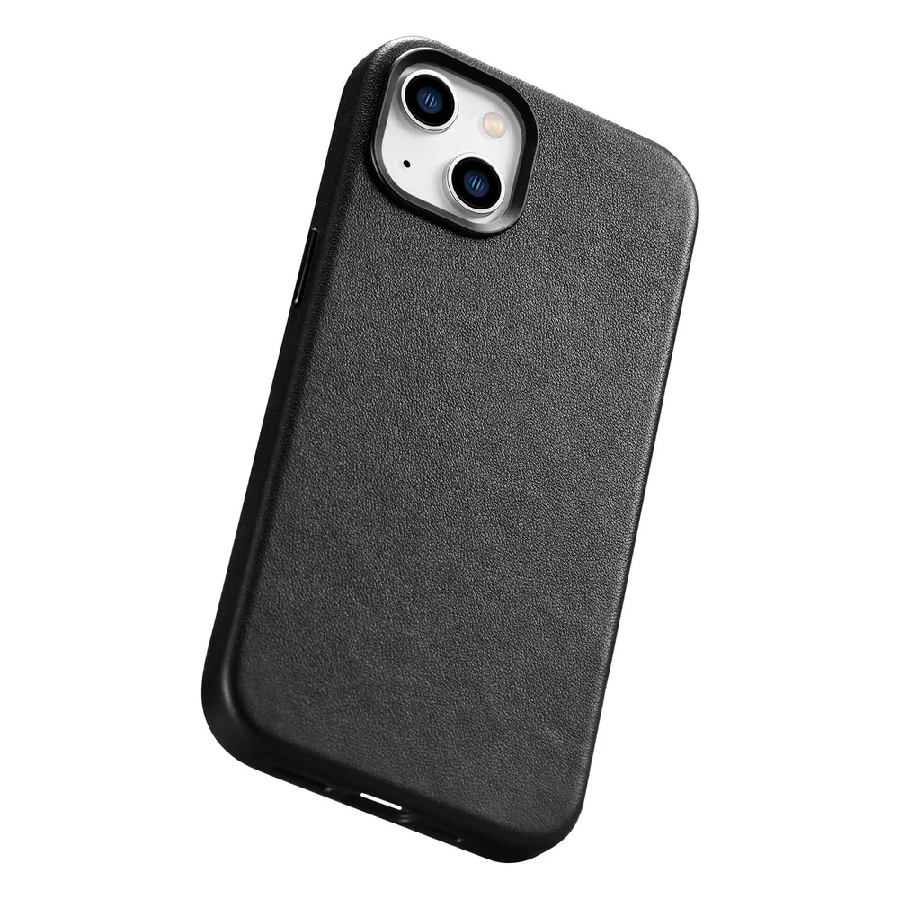 iCarer Leather Apple iPhone 14 Plus genuine leather dėklas telefonui juodos spalvos (compatible with MagSafe)