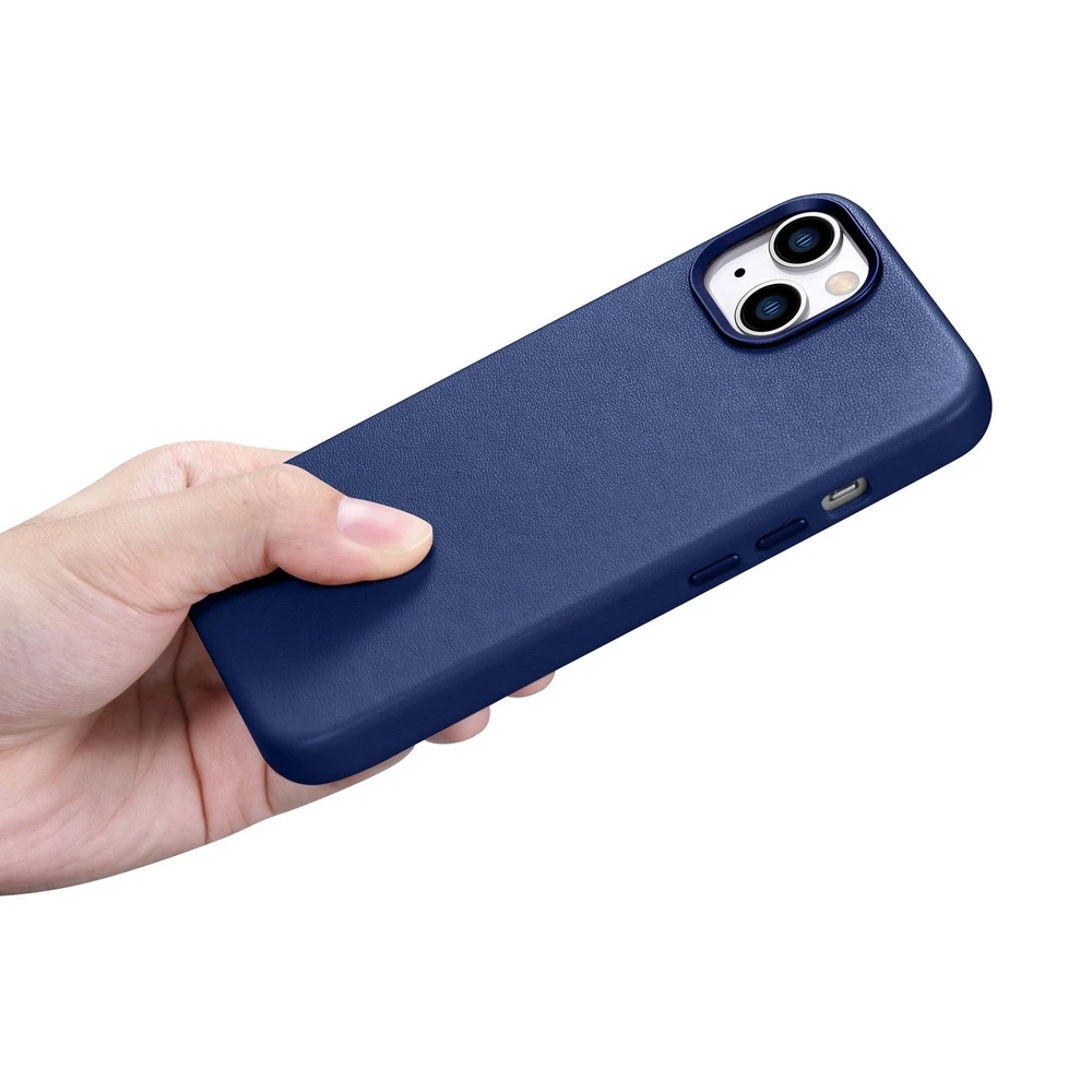 iCarer Leather Apple iPhone 14 Plus genuine leather dėklas telefonui mėlynos spalvos (compatible with MagSafe)