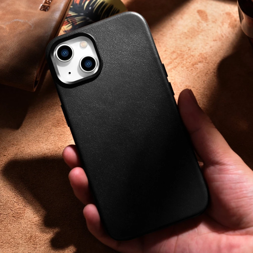 iCarer Leather Apple iPhone 14 Plus genuine leather dėklas telefonui juodos spalvos (compatible with MagSafe)