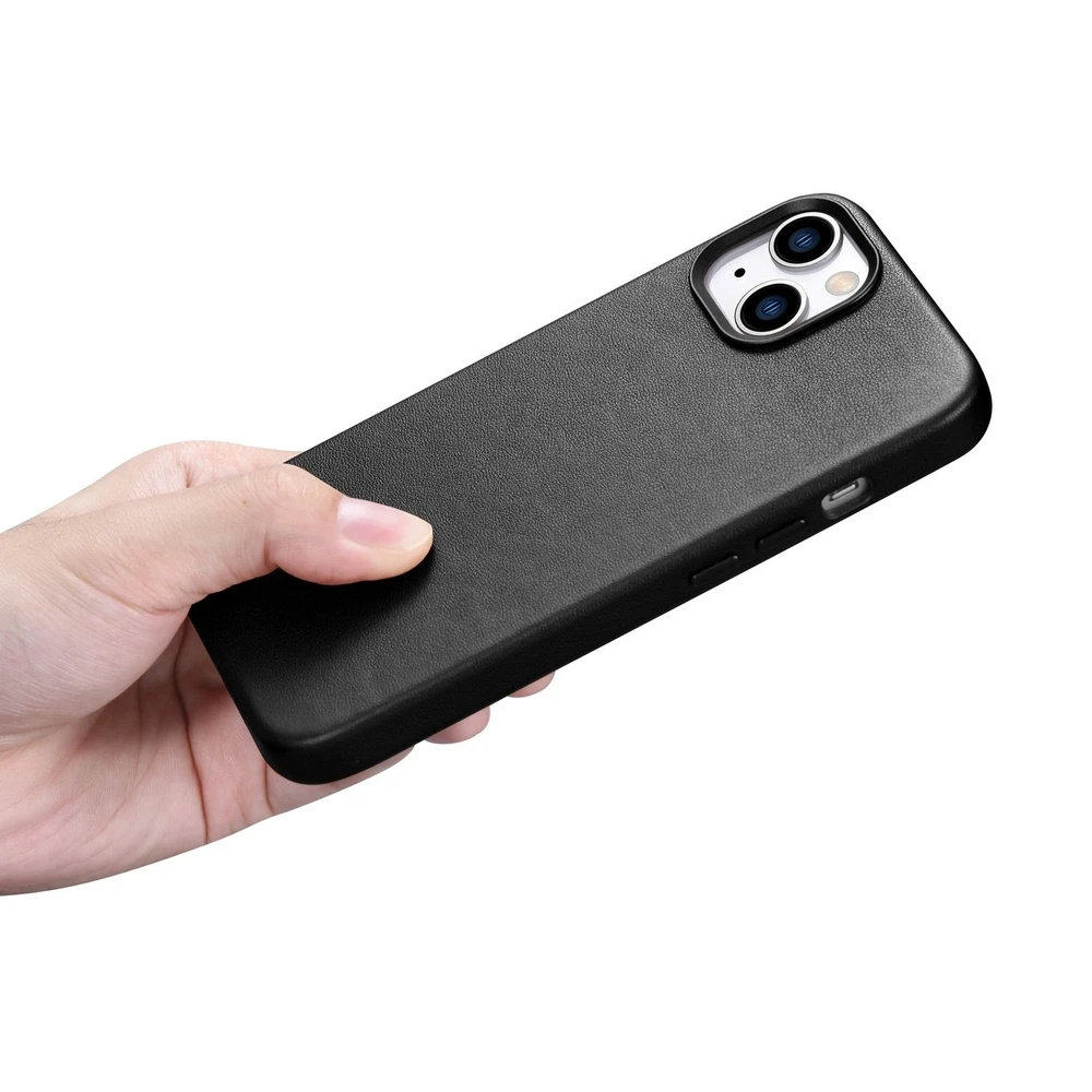 iCarer Leather Apple iPhone 14 Plus genuine leather dėklas telefonui juodos spalvos (compatible with MagSafe)
