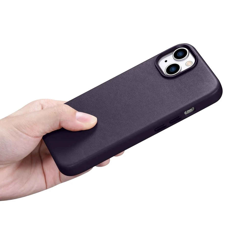 iCarer Leather Apple iPhone 14 Plus Dark dėklas telefonui violetinės spalvos (MagSafe Compatible)