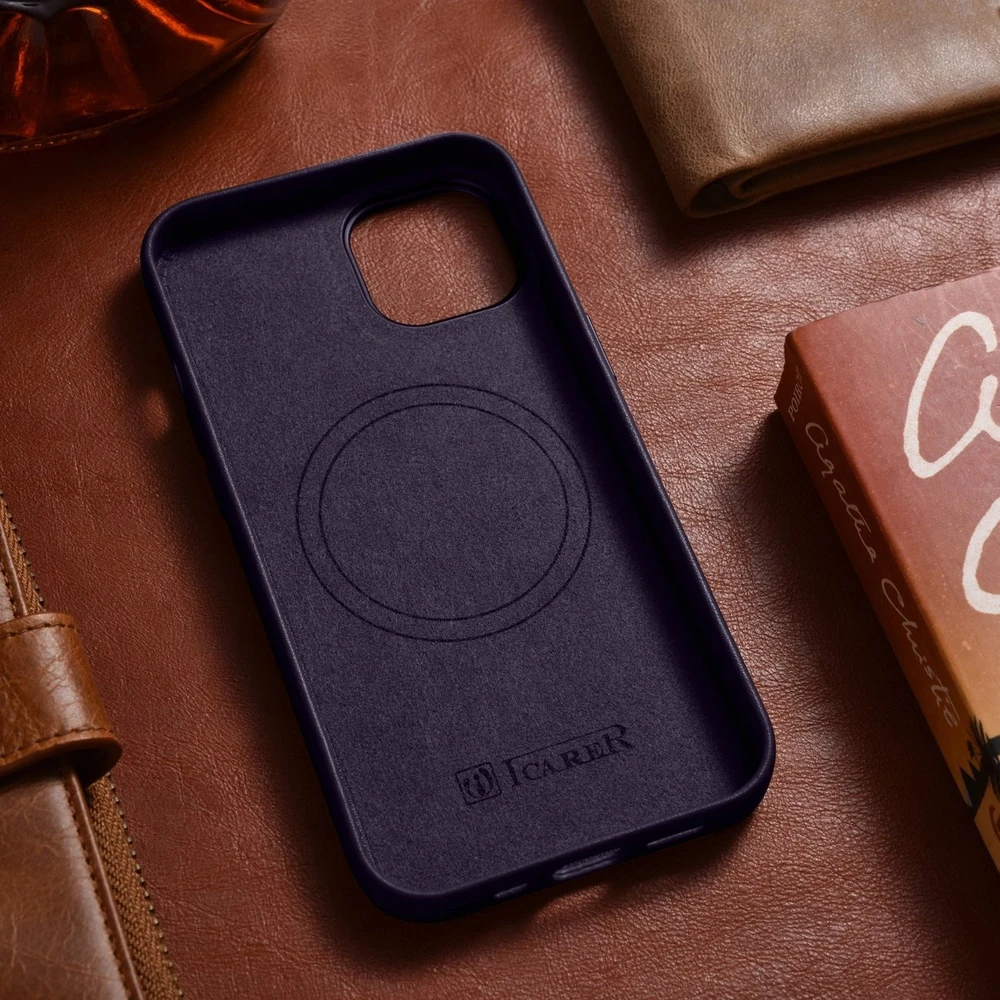 iCarer Leather Apple iPhone 14 Plus Dark dėklas telefonui violetinės spalvos (MagSafe Compatible)