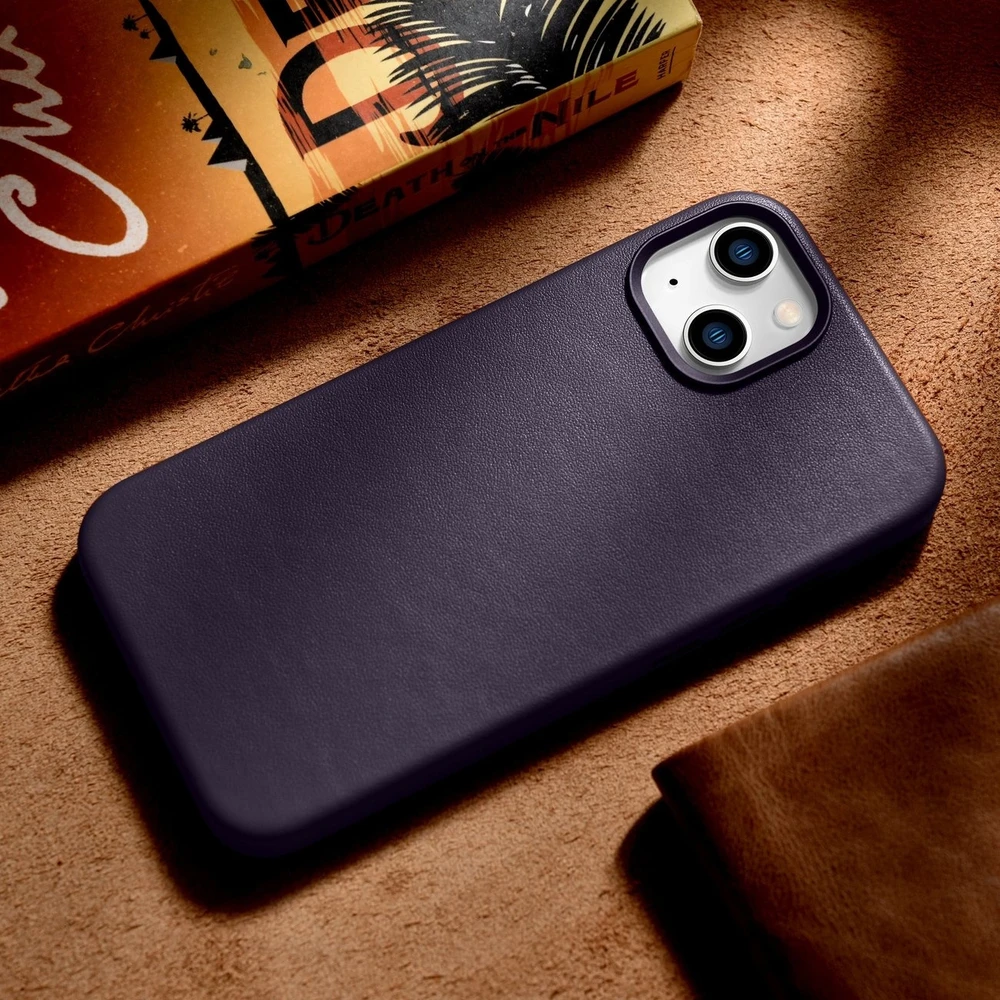 iCarer Leather Apple iPhone 14 Plus Dark dėklas telefonui violetinės spalvos (MagSafe Compatible)