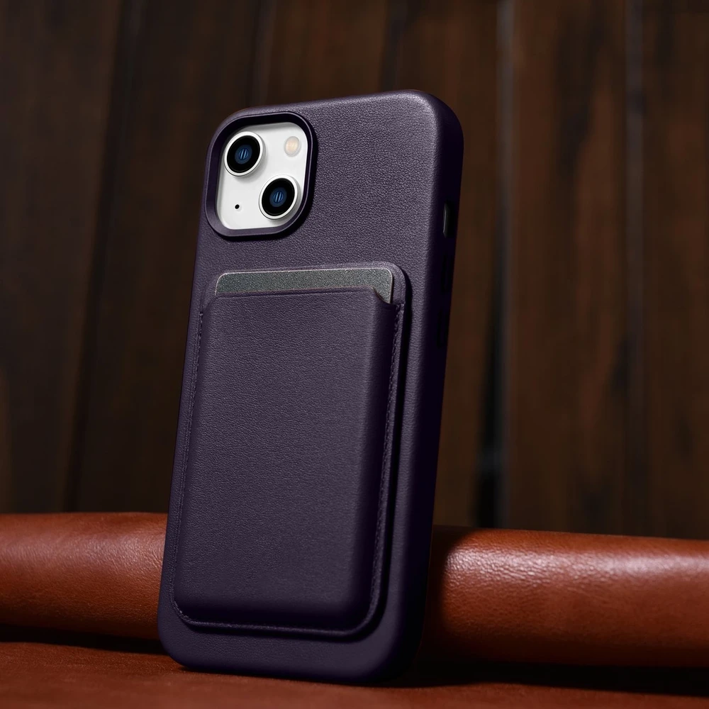 iCarer Leather Apple iPhone 14 Plus Dark dėklas telefonui violetinės spalvos (MagSafe Compatible)