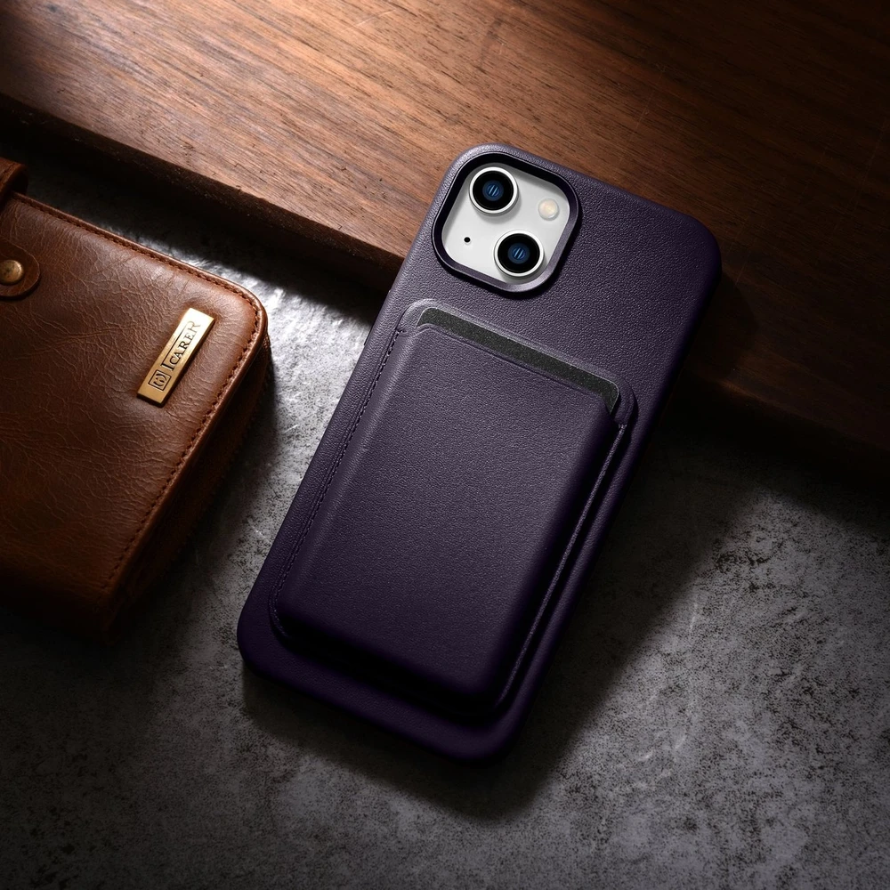 iCarer Leather Apple iPhone 14 Plus Dark dėklas telefonui violetinės spalvos (MagSafe Compatible)