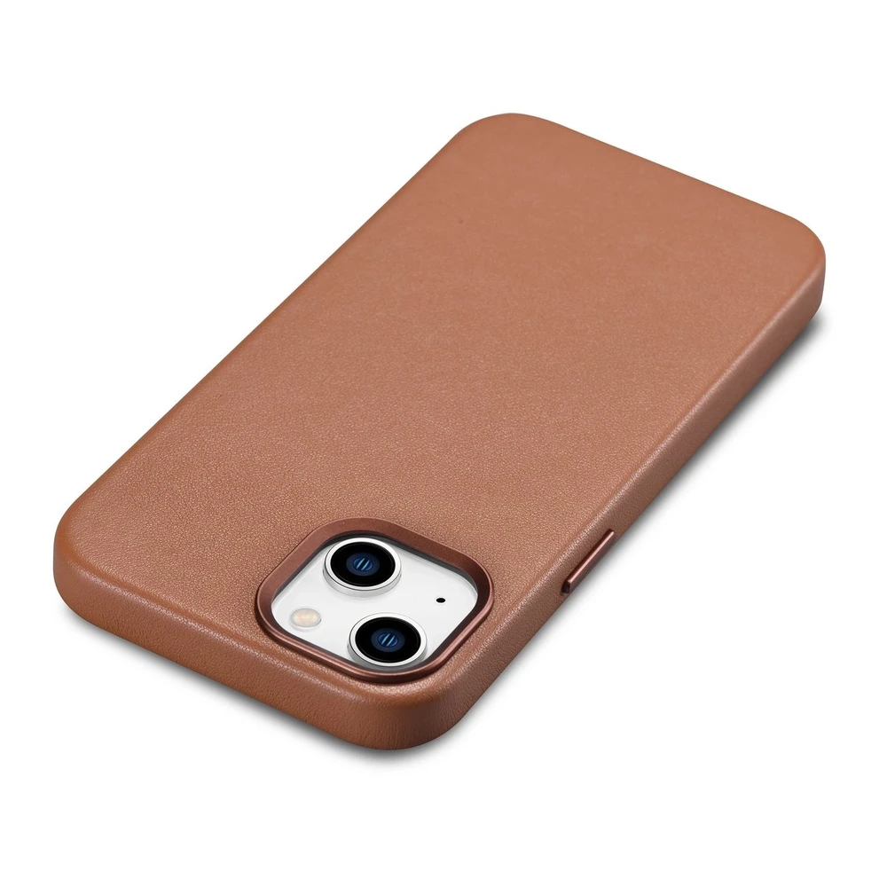 iCarer Leather Apple iPhone 14 Plus dėklas telefonui rudos spalvos (MagSafe Compatible)