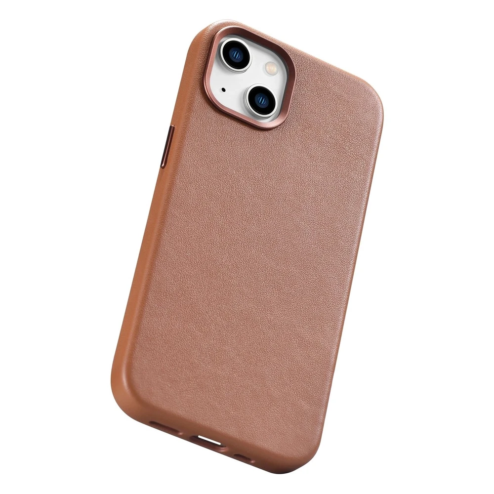 iCarer Leather Apple iPhone 14 Plus dėklas telefonui rudos spalvos (MagSafe Compatible)