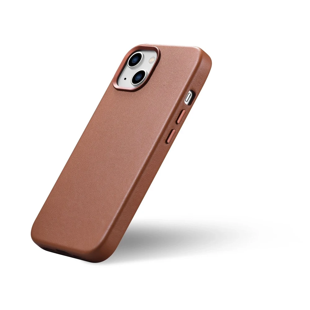 iCarer Leather Apple iPhone 14 Plus dėklas telefonui rudos spalvos (MagSafe Compatible)