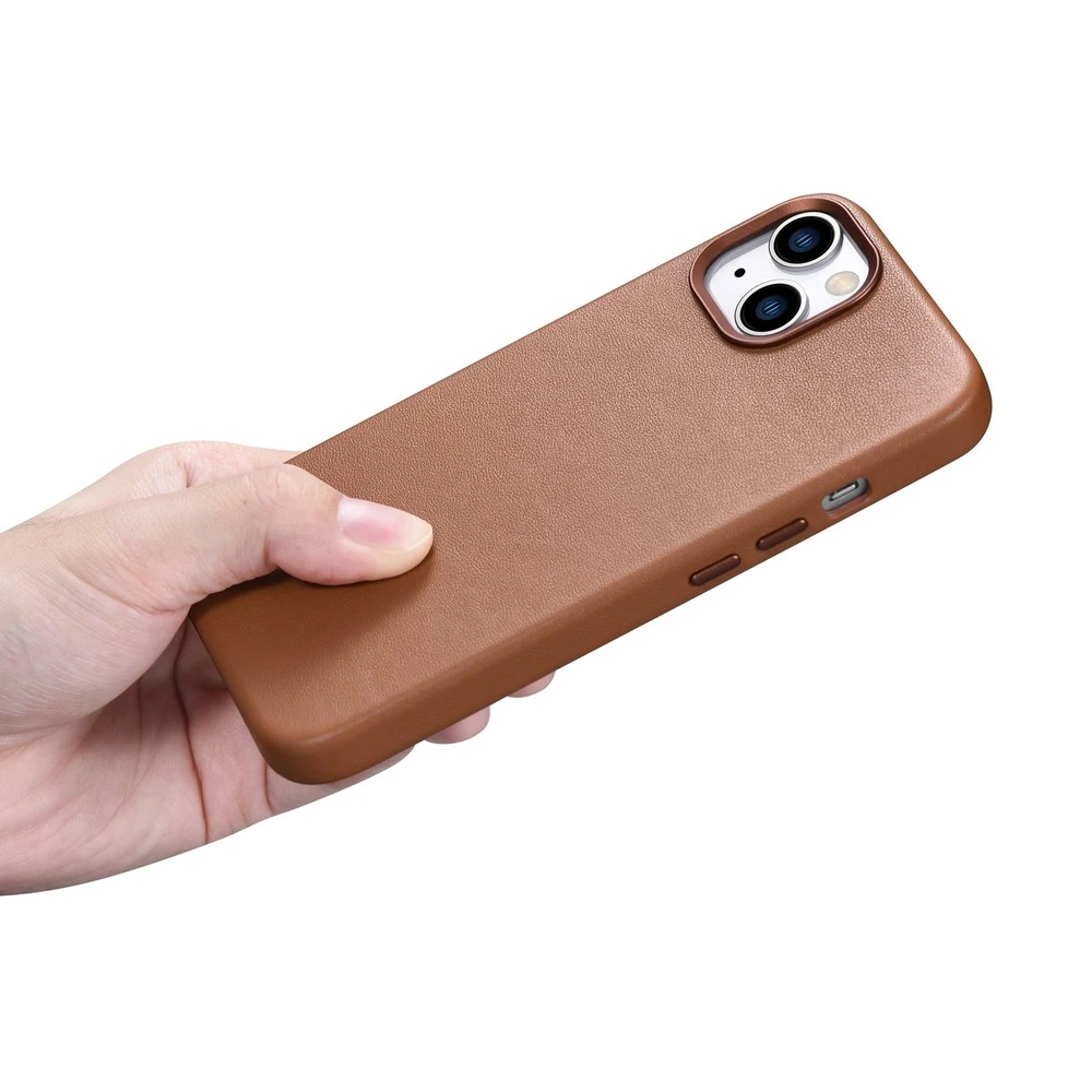 iCarer Leather Apple iPhone 14 Plus dėklas telefonui rudos spalvos (MagSafe Compatible)