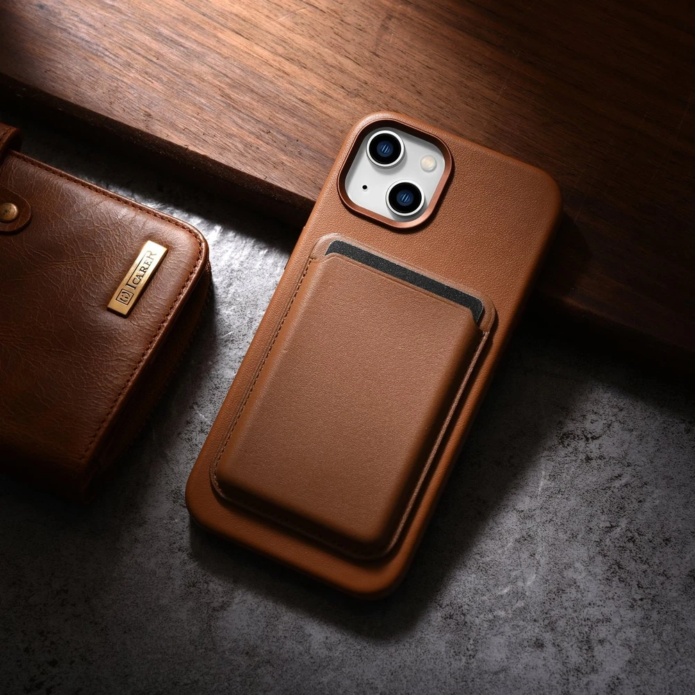 iCarer Leather Apple iPhone 14 Plus dėklas telefonui rudos spalvos (MagSafe Compatible)