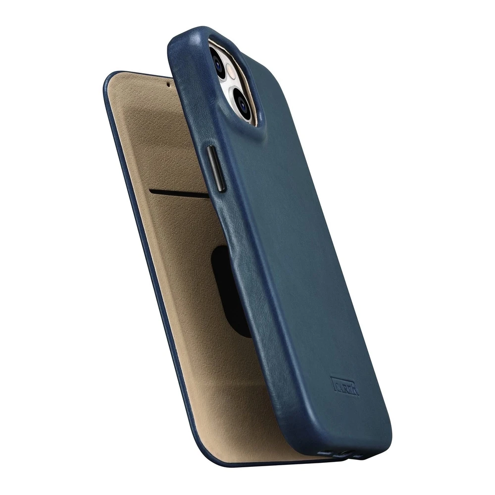 iCarer CE Oil Wax Premium Leather Apple iPhone 14 Plus magnetic atverčiamas MagSafe dėklas telefonui mėlynos spalvos (AKI14220707-BU)