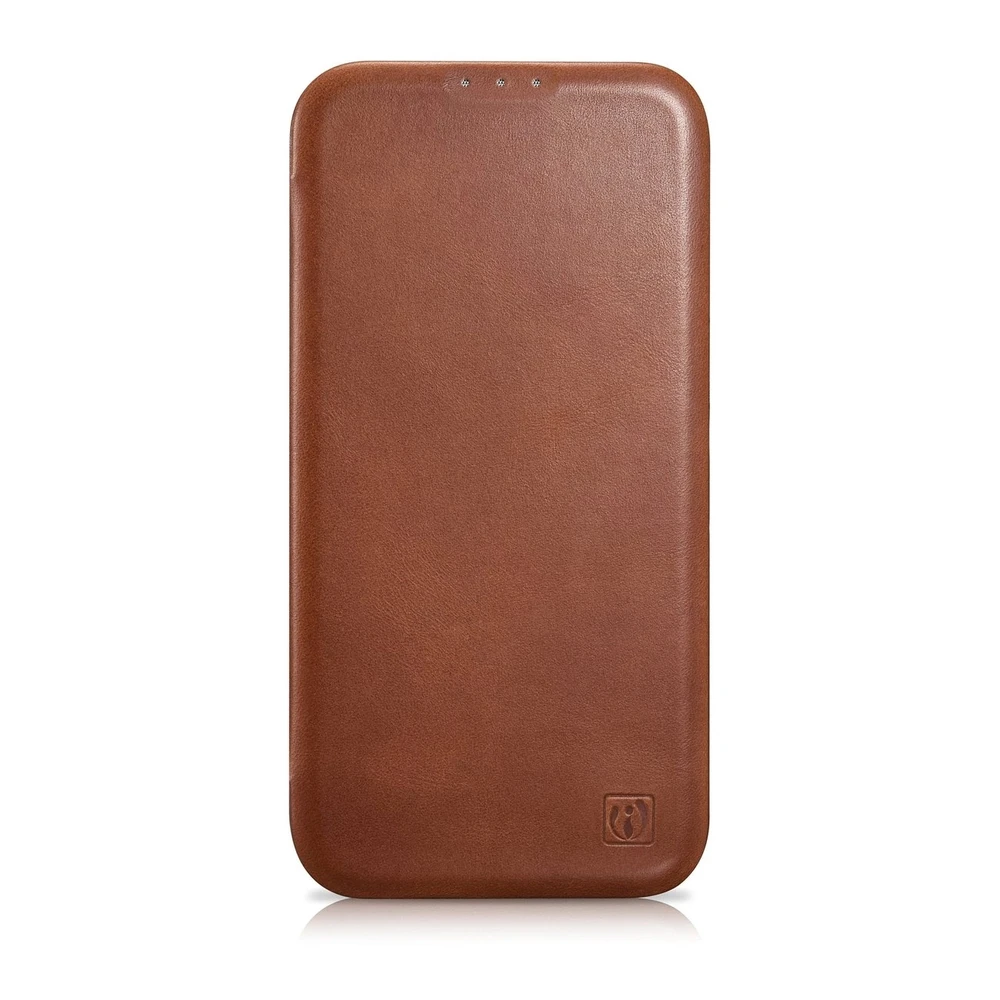 iCarer CE Oil Wax Premium Leather Apple iPhone 14 Plus magnetic atverčiamas MagSafe dėklas telefonui rudos spalvos (AKI14220707-BN)