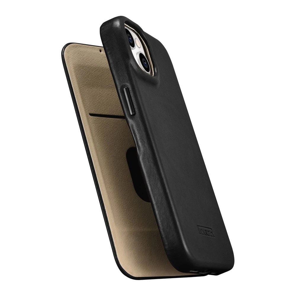 iCarer CE Oil Wax Premium Leather Leather Apple iPhone 14 Plus Magnetic atverčiamas MagSafe dėklas telefonui juodos spalvos (AKI14220707-BK)