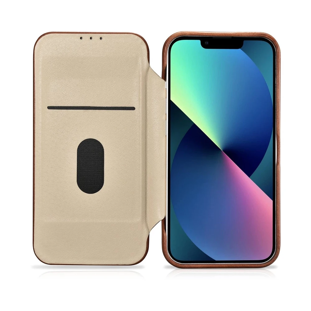iCarer CE Oil Wax Premium Leather Apple iPhone 14 Plus magnetic atverčiamas MagSafe dėklas telefonui rudos spalvos (AKI14220707-BN)