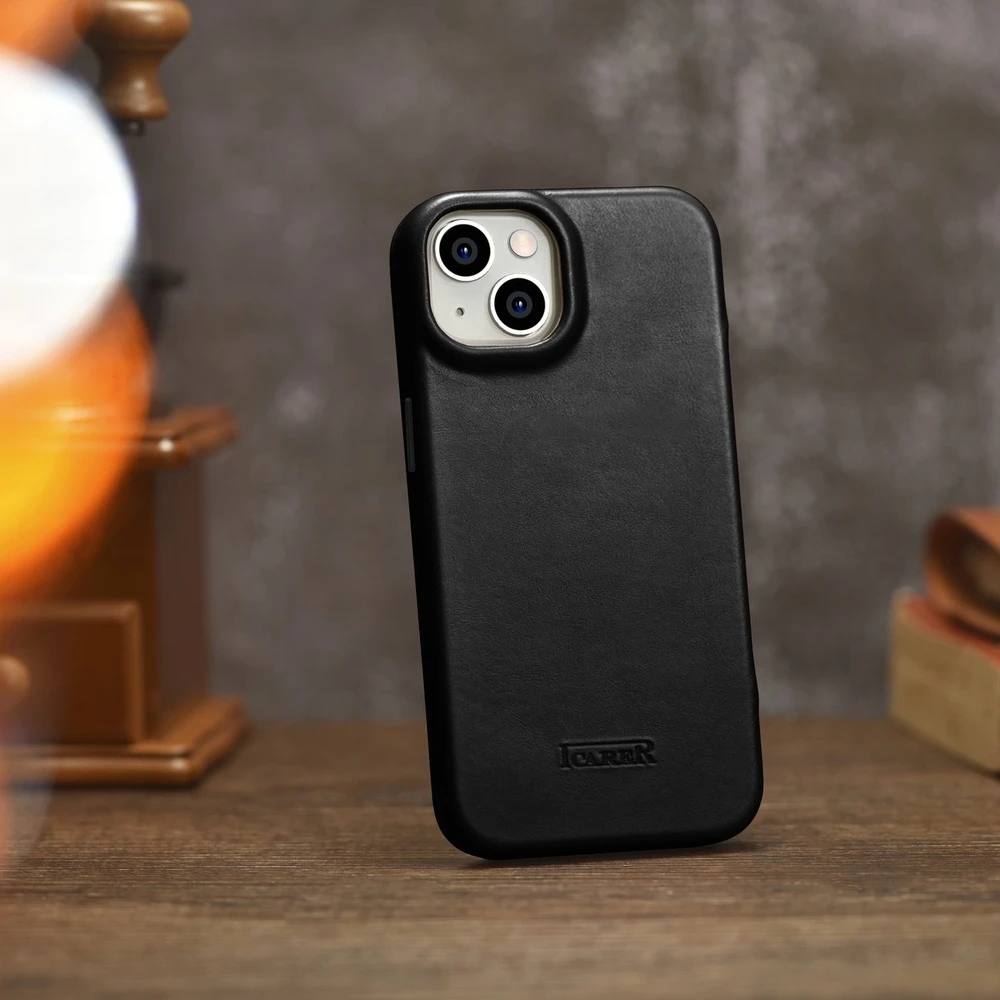 iCarer CE Oil Wax Premium Leather Leather Apple iPhone 14 Plus Magnetic atverčiamas MagSafe dėklas telefonui juodos spalvos (AKI14220707-BK)