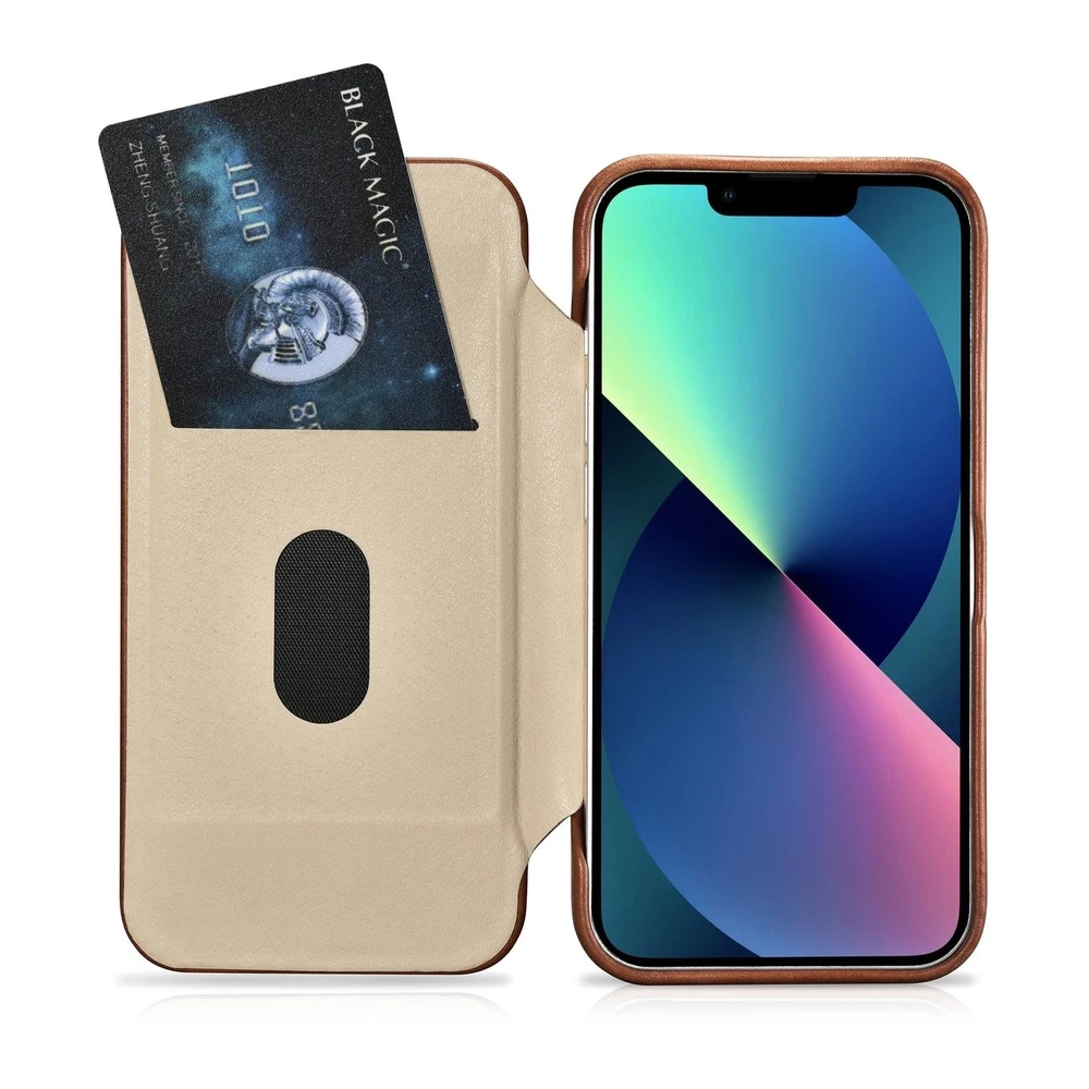 iCarer CE Oil Wax Premium Leather Apple iPhone 14 Plus magnetic atverčiamas MagSafe dėklas telefonui rudos spalvos (AKI14220707-BN)