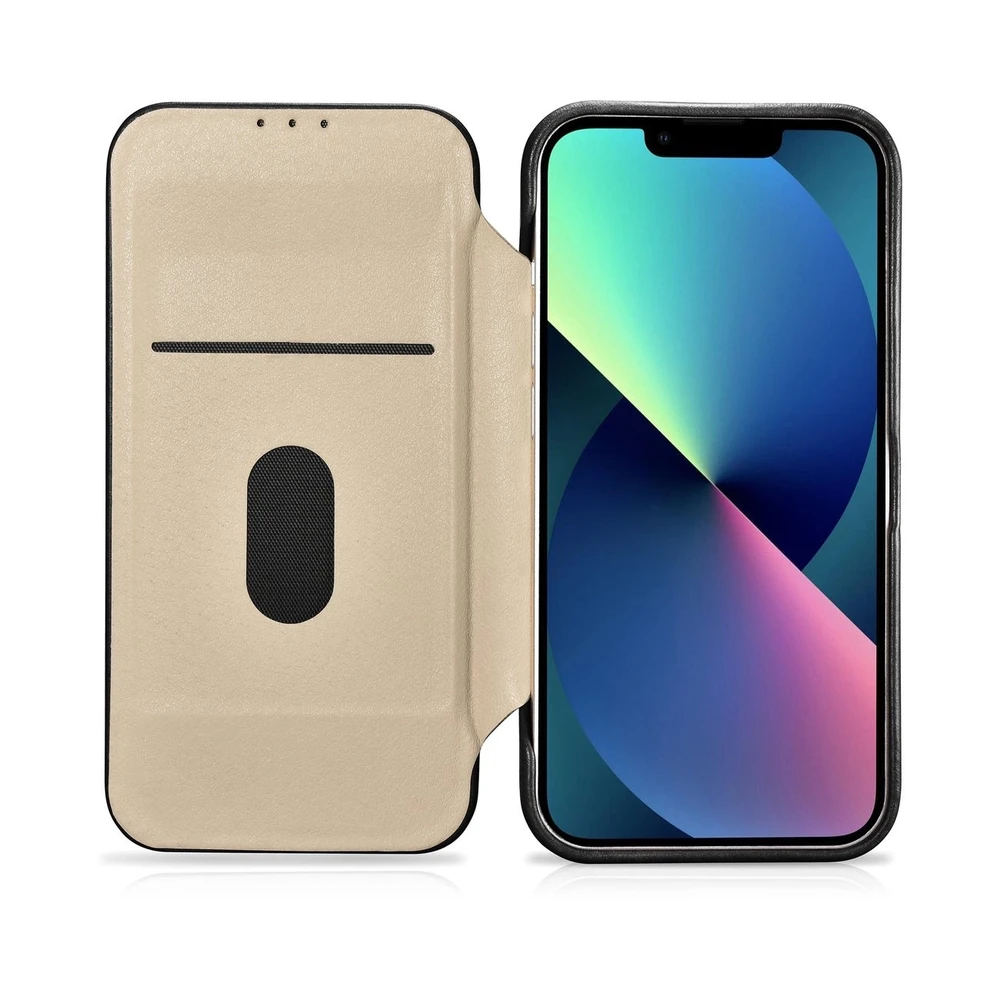 iCarer CE Oil Wax Premium Leather Leather Apple iPhone 14 Plus Magnetic atverčiamas MagSafe dėklas telefonui juodos spalvos (AKI14220707-BK)