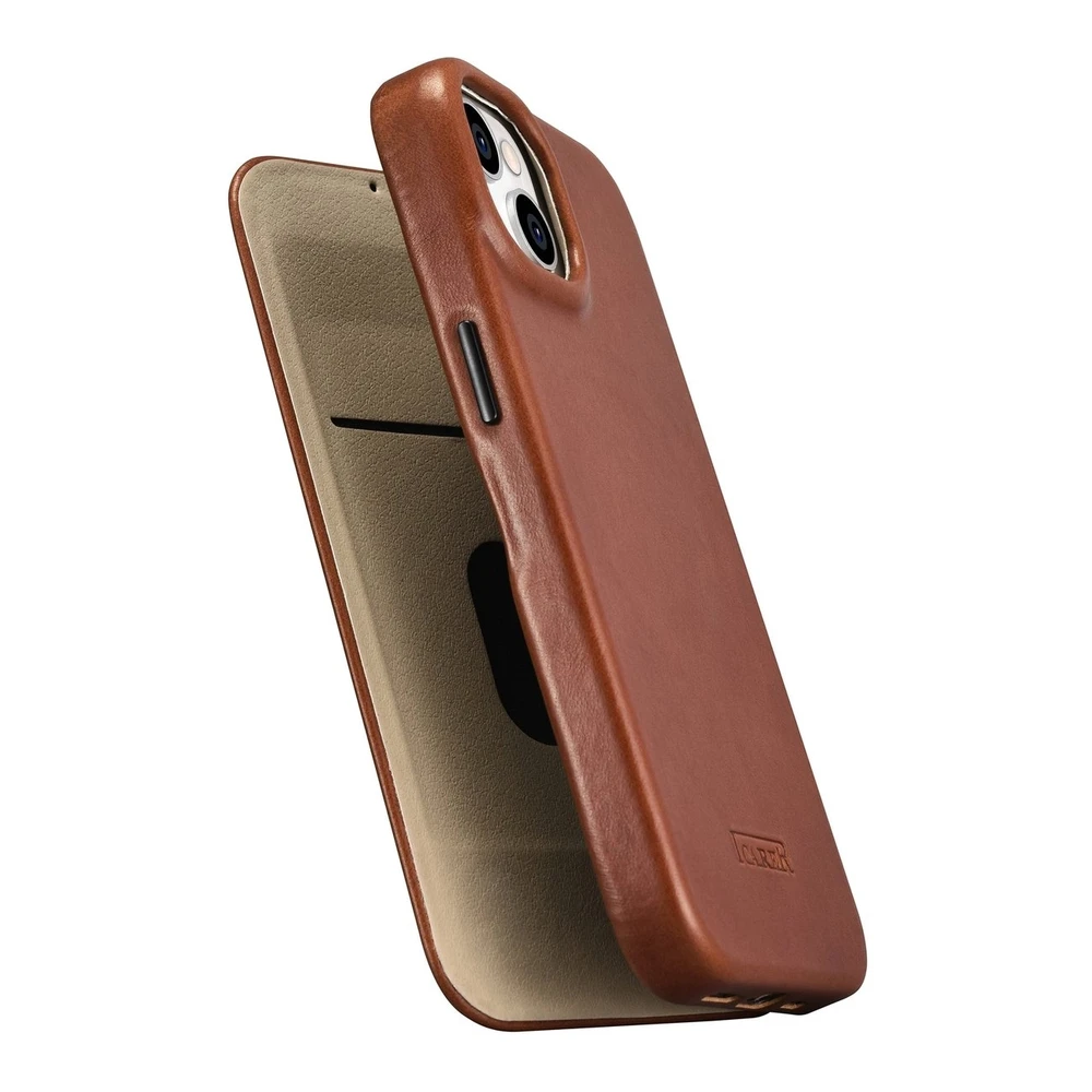 iCarer CE Oil Wax Premium Leather Apple iPhone 14 Plus magnetic atverčiamas MagSafe dėklas telefonui rudos spalvos (AKI14220707-BN)