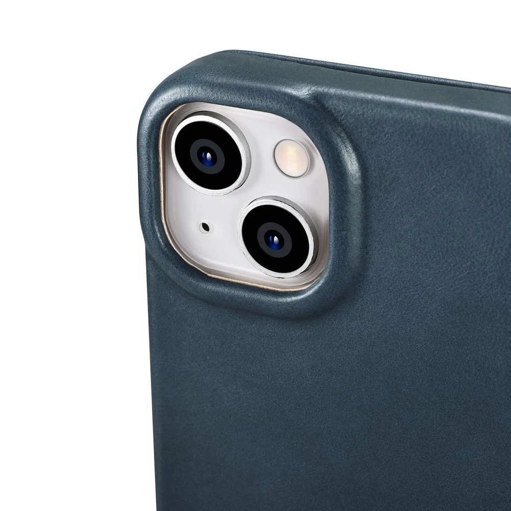 iCarer CE Oil Wax Premium Leather Apple iPhone 14 Plus magnetic atverčiamas MagSafe dėklas telefonui mėlynos spalvos (AKI14220707-BU)