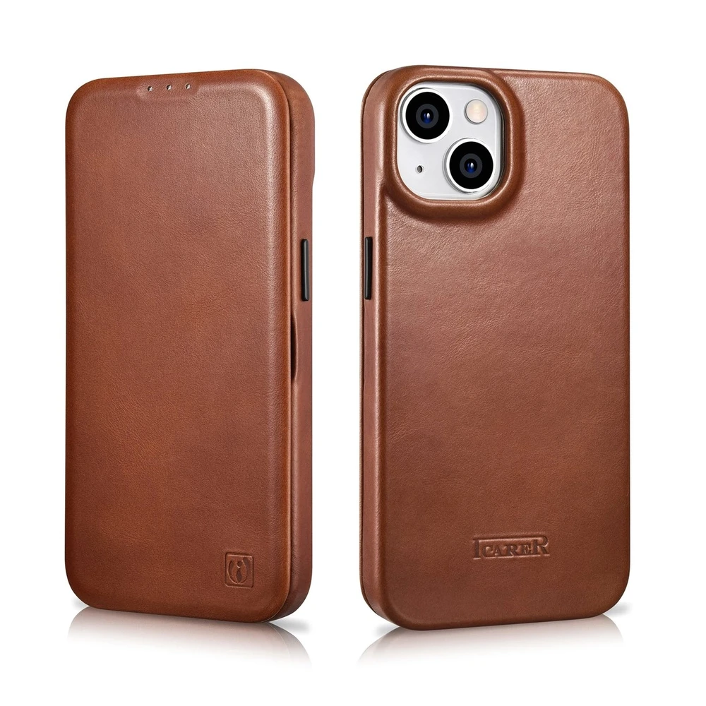 iCarer CE Oil Wax Premium Leather Apple iPhone 14 Plus magnetic atverčiamas MagSafe dėklas telefonui rudos spalvos (AKI14220707-BN)