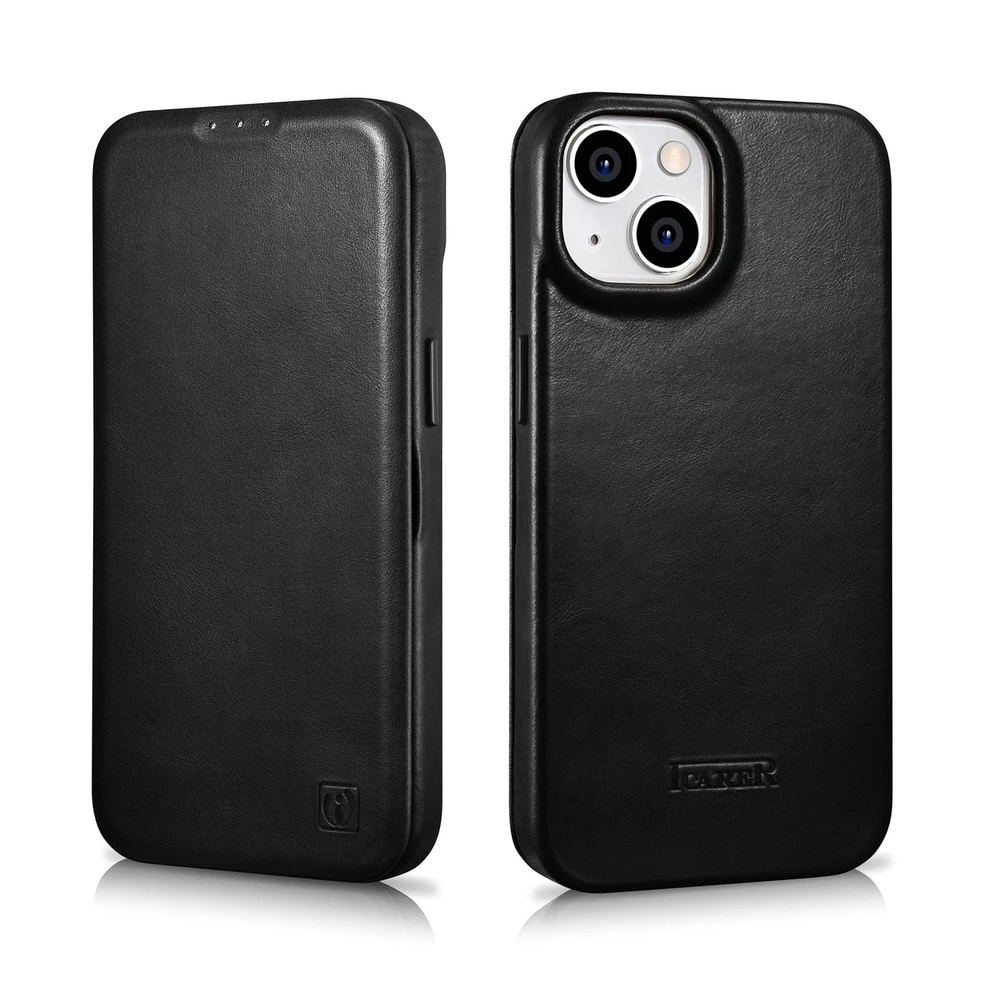iCarer CE Oil Wax Premium Leather Leather Apple iPhone 14 Plus Magnetic atverčiamas MagSafe dėklas telefonui juodos spalvos (AKI14220707-BK)