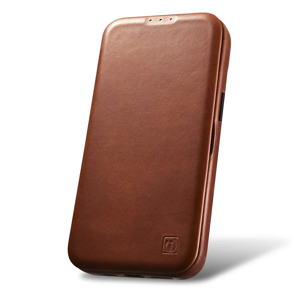 iCarer CE Oil Wax Premium Leather Apple iPhone 14 Plus magnetic atverčiamas MagSafe dėklas telefonui rudos spalvos (AKI14220707-BN)