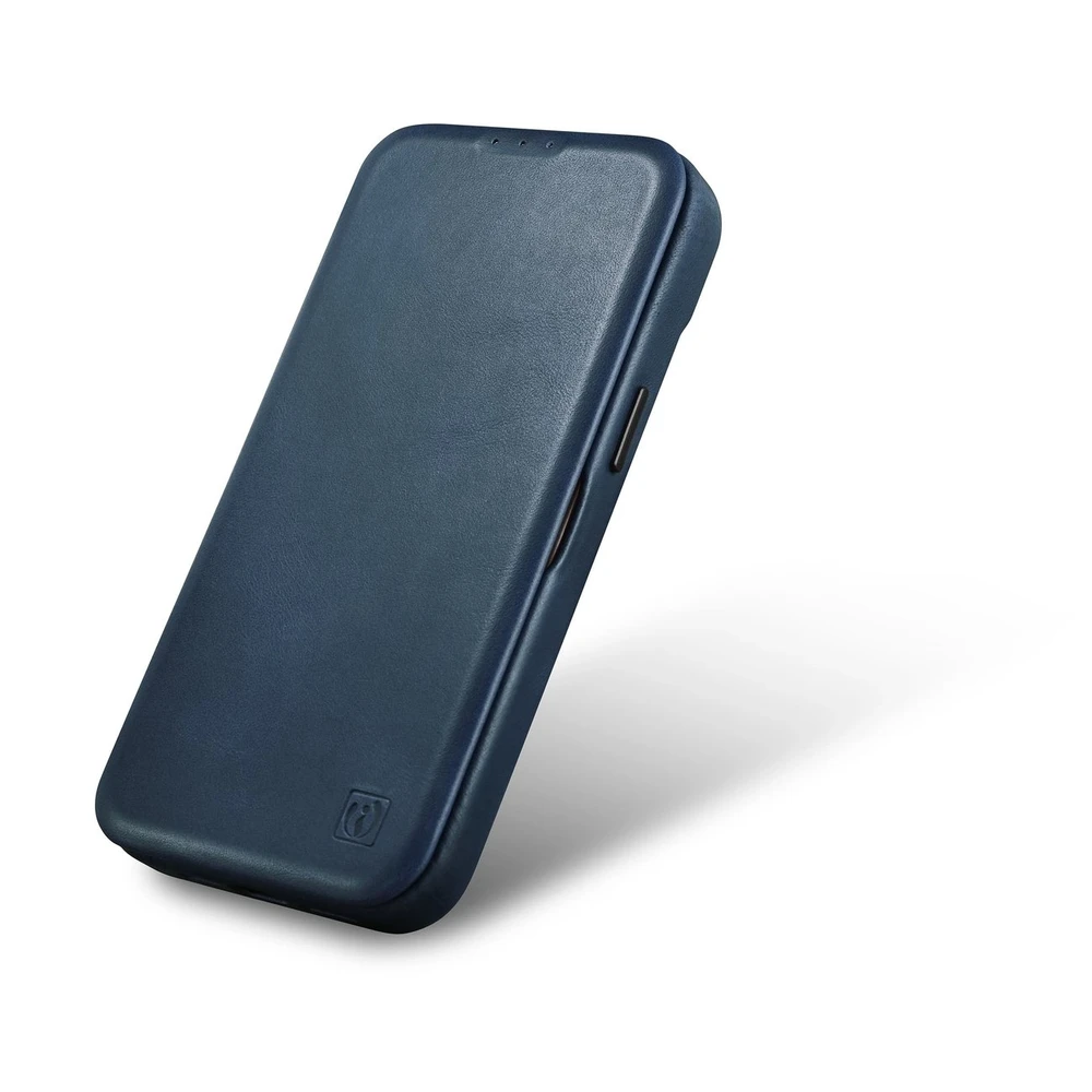 iCarer CE Oil Wax Premium Leather Apple iPhone 14 Plus magnetic atverčiamas MagSafe dėklas telefonui mėlynos spalvos (AKI14220707-BU)