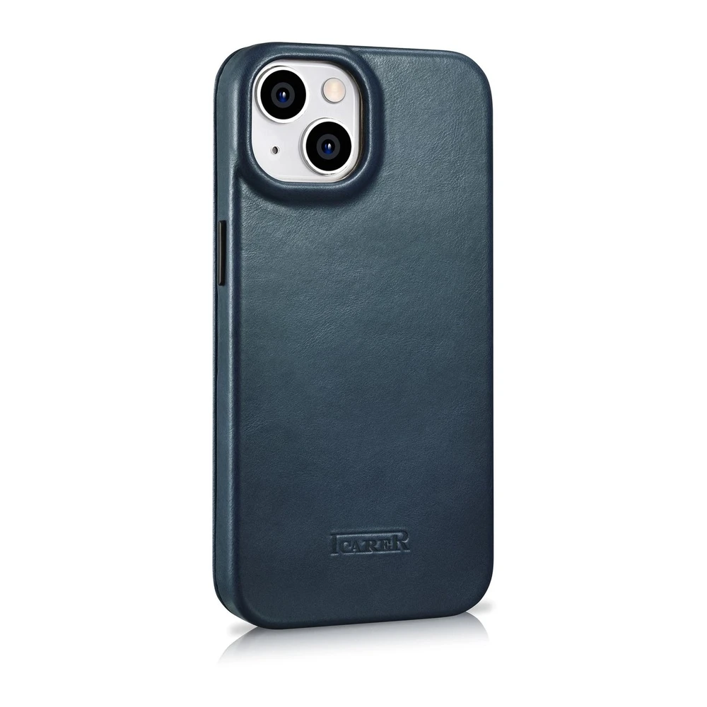 iCarer CE Oil Wax Premium Leather Apple iPhone 14 Plus magnetic atverčiamas MagSafe dėklas telefonui mėlynos spalvos (AKI14220707-BU)