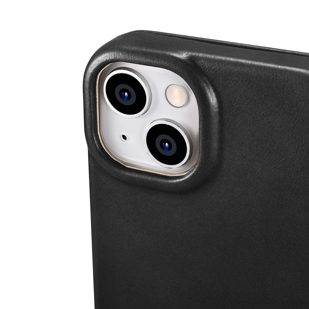 iCarer CE Oil Wax Premium Leather Leather Apple iPhone 14 Plus Magnetic atverčiamas MagSafe dėklas telefonui juodos spalvos (AKI14220707-BK)