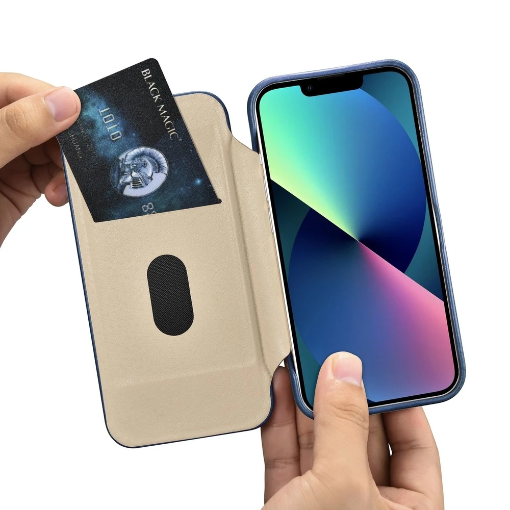 iCarer CE Oil Wax Premium Leather Apple iPhone 14 Plus magnetic atverčiamas MagSafe dėklas telefonui mėlynos spalvos (AKI14220707-BU)