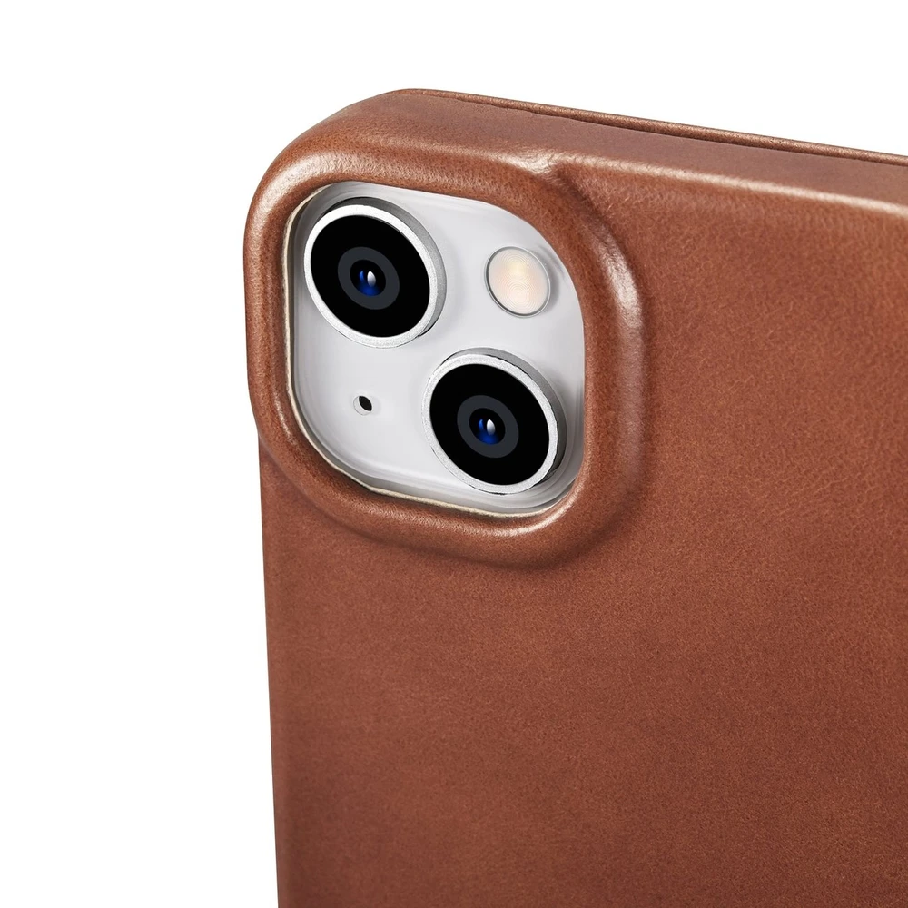 iCarer CE Oil Wax Premium Leather Apple iPhone 14 Plus magnetic atverčiamas MagSafe dėklas telefonui rudos spalvos (AKI14220707-BN)