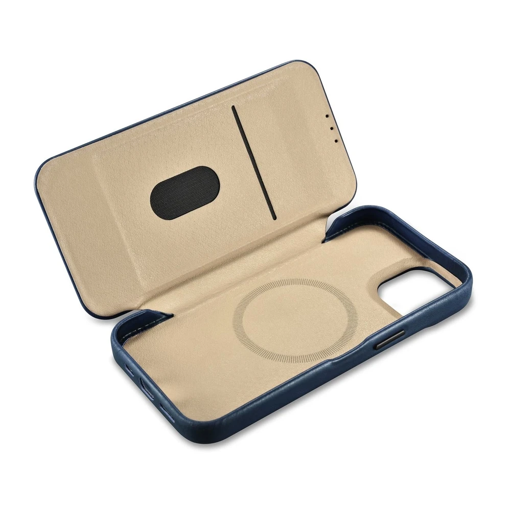 iCarer CE Oil Wax Premium Leather Apple iPhone 14 Plus magnetic atverčiamas MagSafe dėklas telefonui mėlynos spalvos (AKI14220707-BU)