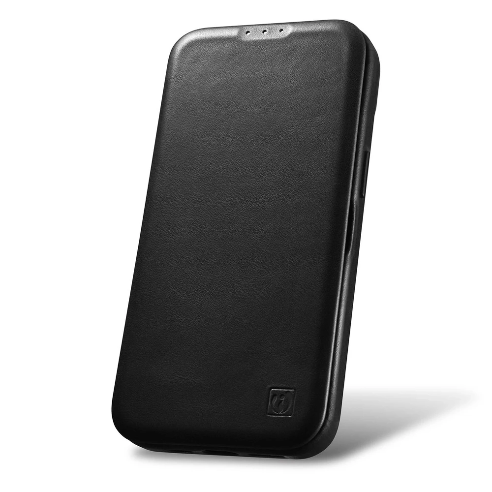iCarer CE Oil Wax Premium Leather Leather Apple iPhone 14 Plus Magnetic atverčiamas MagSafe dėklas telefonui juodos spalvos (AKI14220707-BK)