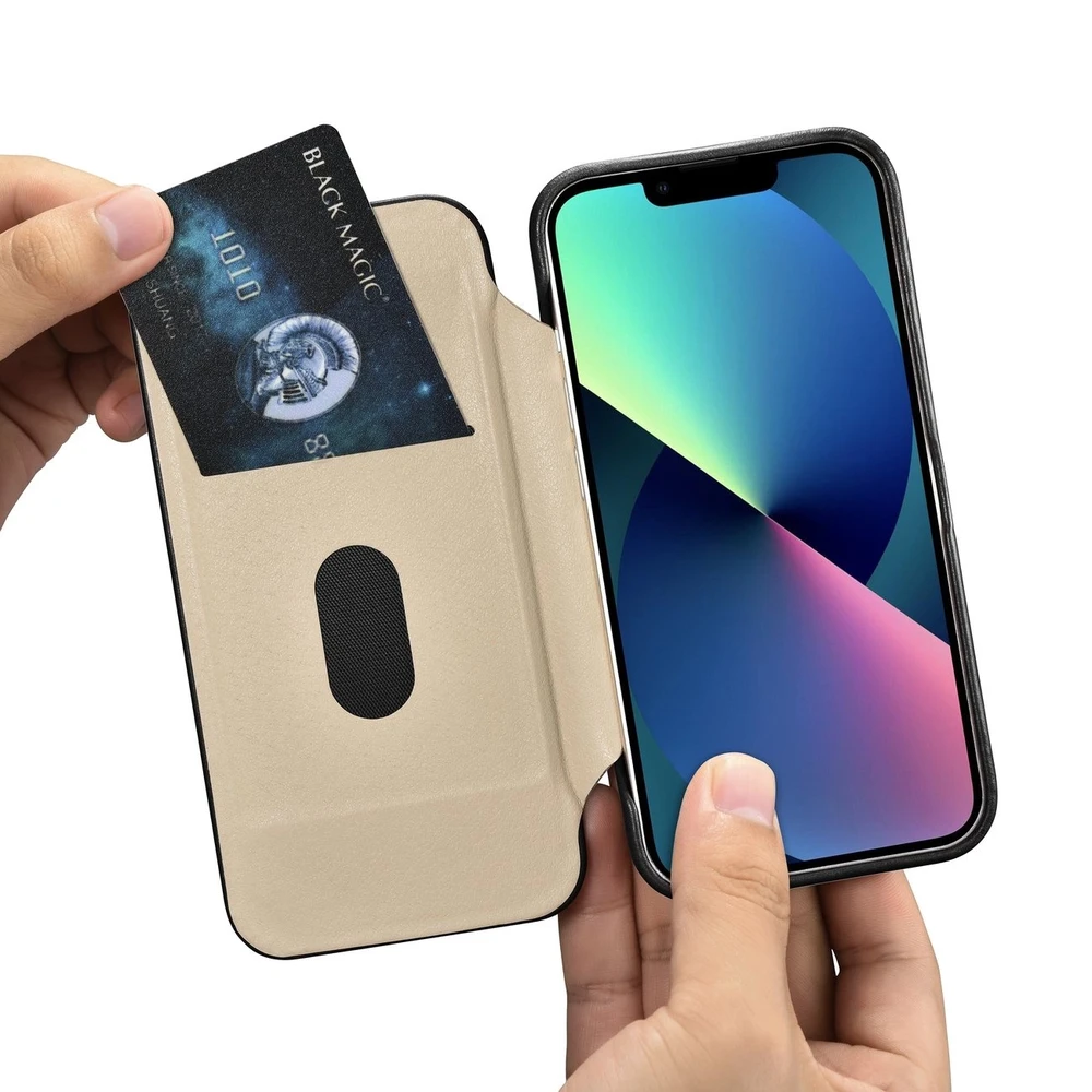 iCarer CE Oil Wax Premium Leather Leather Apple iPhone 14 Plus Magnetic atverčiamas MagSafe dėklas telefonui juodos spalvos (AKI14220707-BK)