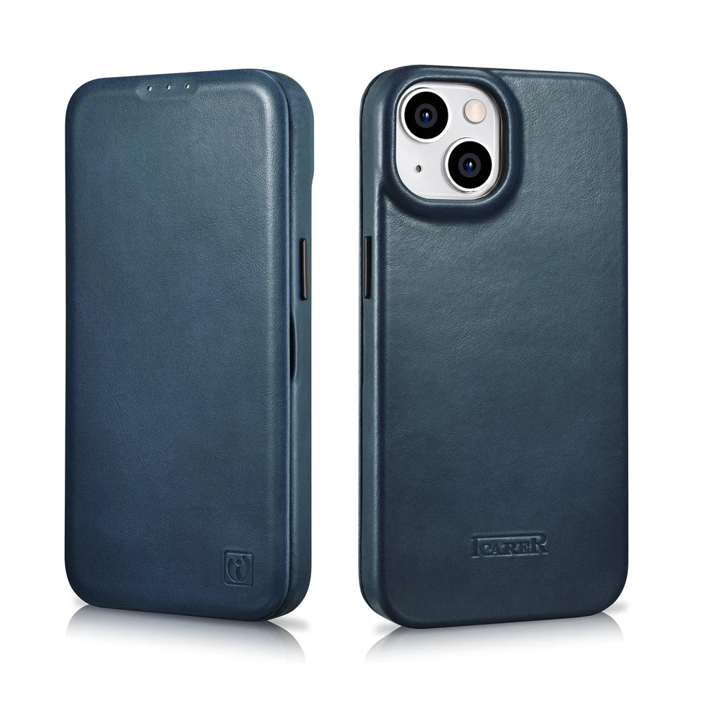 iCarer CE Oil Wax Premium Leather Apple iPhone 14 Plus magnetic atverčiamas MagSafe dėklas telefonui mėlynos spalvos (AKI14220707-BU)