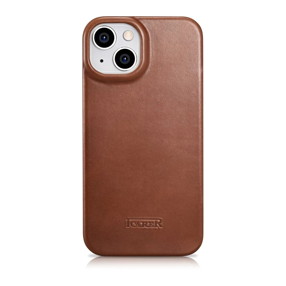 iCarer CE Oil Wax Premium Leather Apple iPhone 14 Plus magnetic atverčiamas MagSafe dėklas telefonui rudos spalvos (AKI14220707-BN)