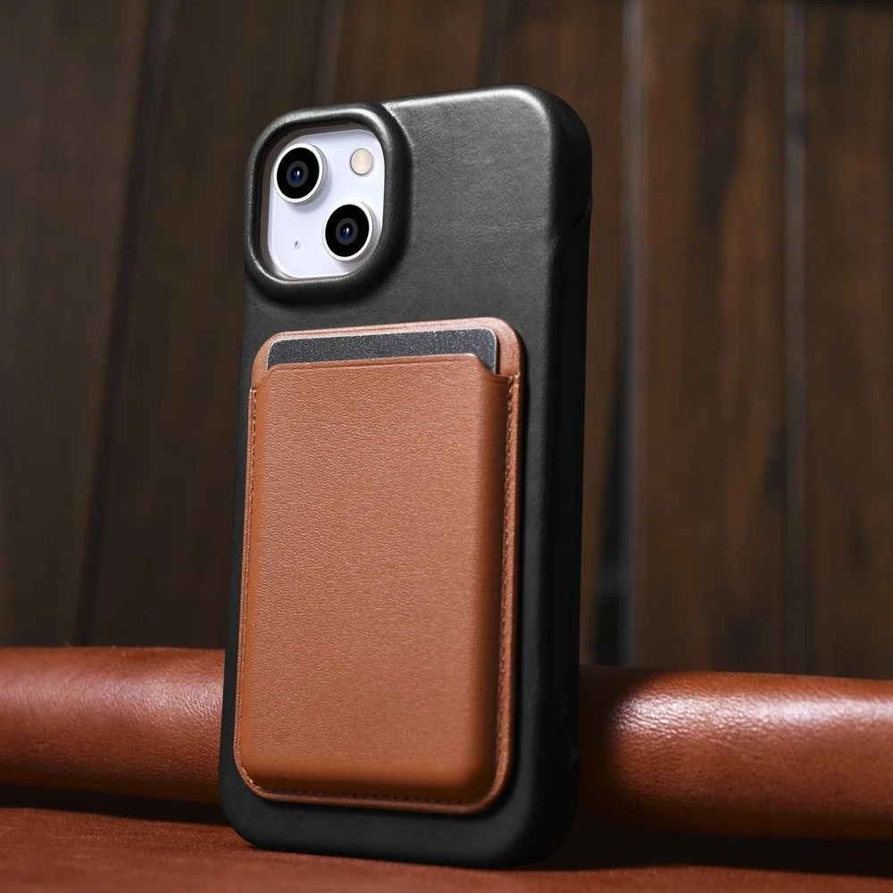 iCarer CE Oil Wax Premium Leather Leather Apple iPhone 14 Plus Magnetic atverčiamas MagSafe dėklas telefonui juodos spalvos (AKI14220707-BK)