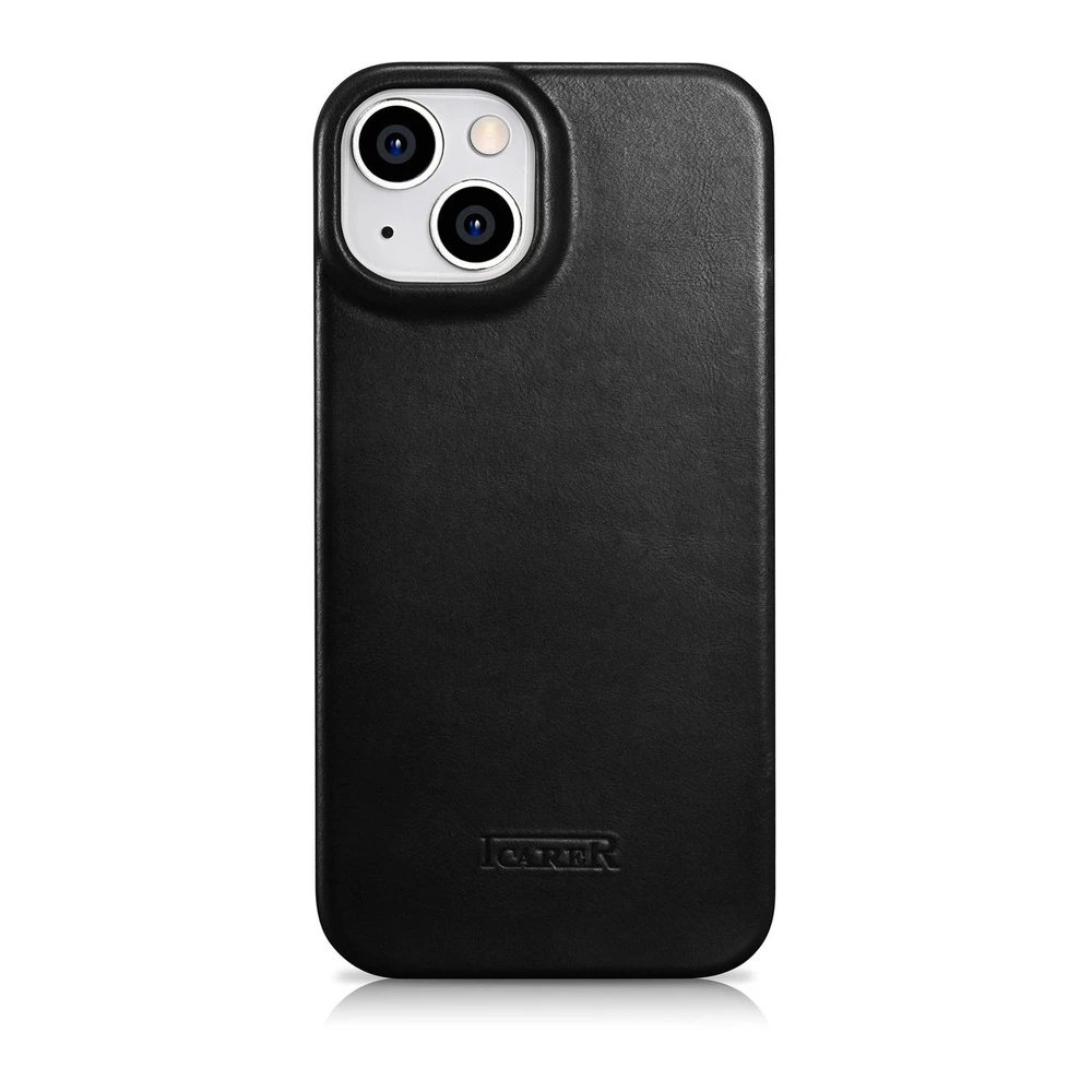 iCarer CE Oil Wax Premium Leather Leather Apple iPhone 14 Plus Magnetic atverčiamas MagSafe dėklas telefonui juodos spalvos (AKI14220707-BK)