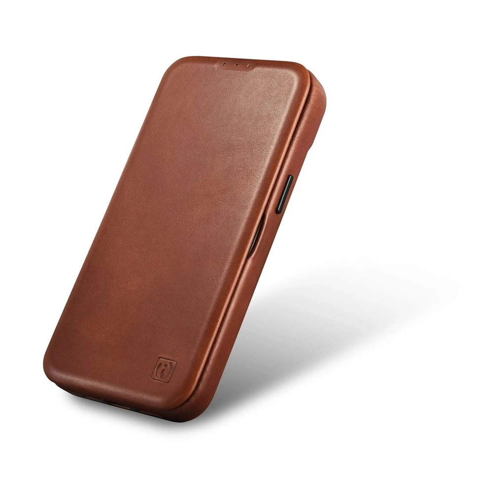 iCarer CE Oil Wax Premium Leather Apple iPhone 14 Plus magnetic atverčiamas MagSafe dėklas telefonui rudos spalvos (AKI14220707-BN)