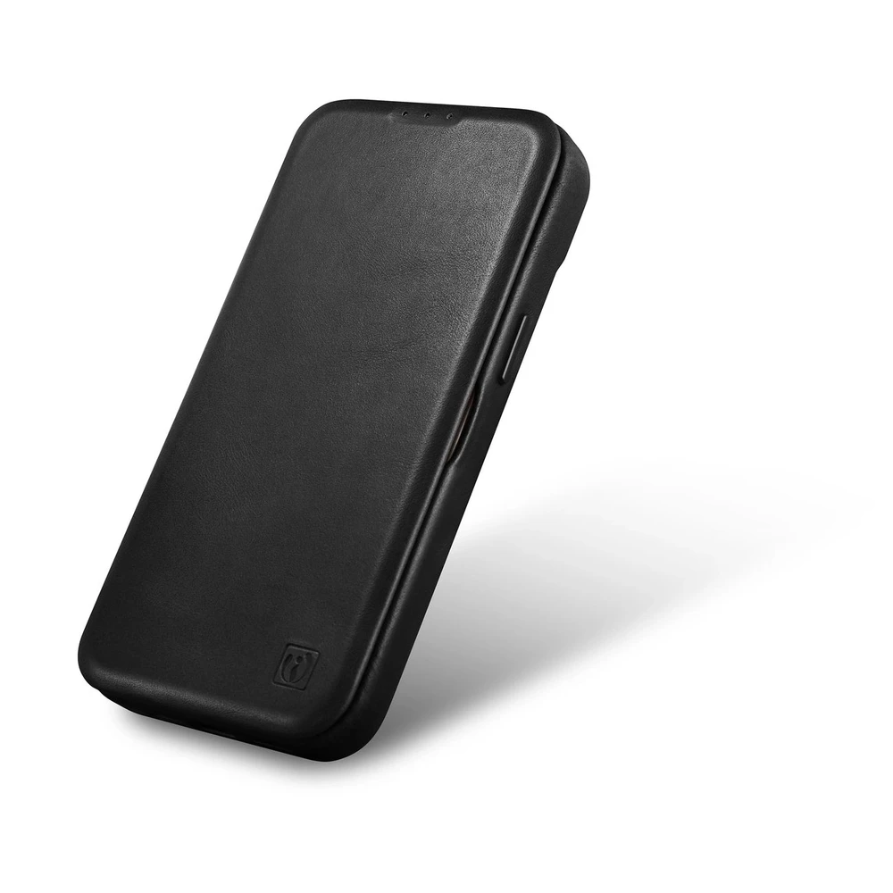 iCarer CE Oil Wax Premium Leather Leather Apple iPhone 14 Plus Magnetic atverčiamas MagSafe dėklas telefonui juodos spalvos (AKI14220707-BK)