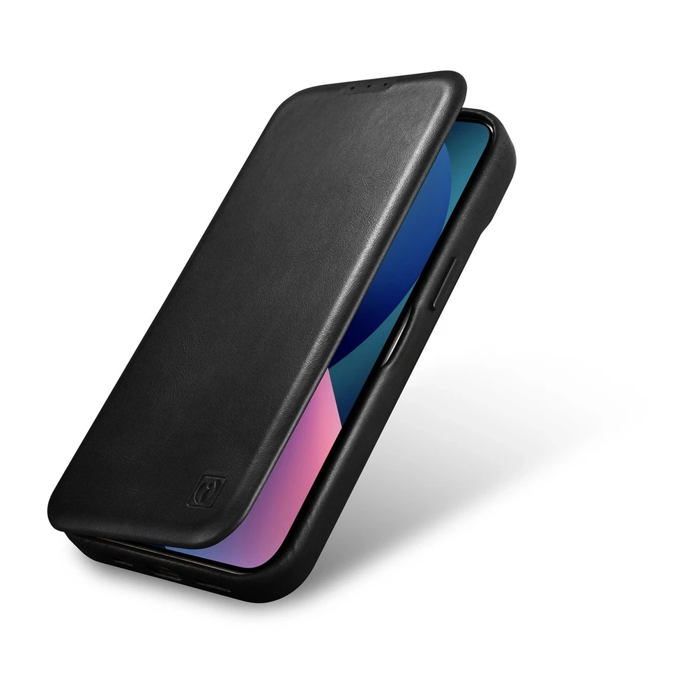 iCarer CE Oil Wax Premium Leather Leather Apple iPhone 14 Plus Magnetic atverčiamas MagSafe dėklas telefonui juodos spalvos (AKI14220707-BK)