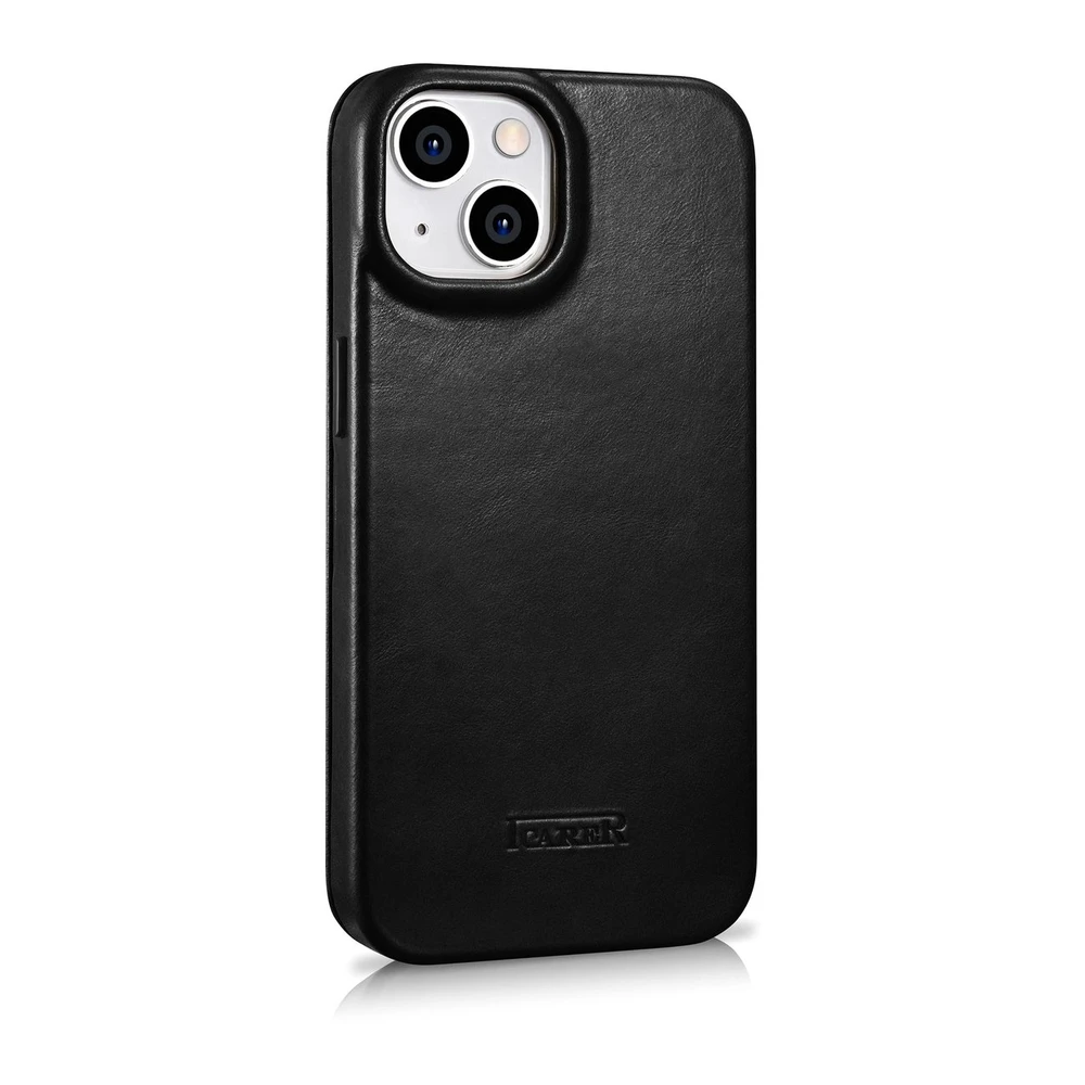 iCarer CE Oil Wax Premium Leather Leather Apple iPhone 14 Plus Magnetic atverčiamas MagSafe dėklas telefonui juodos spalvos (AKI14220707-BK)
