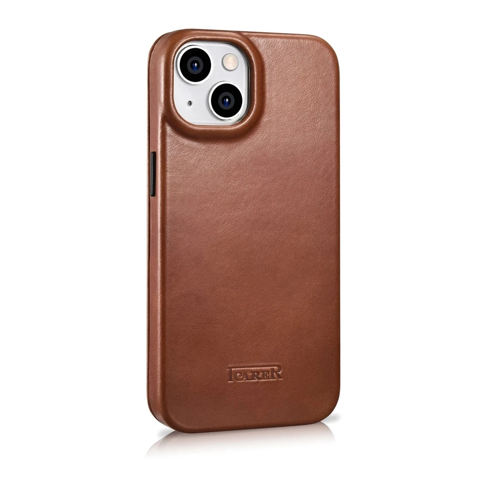 iCarer CE Oil Wax Premium Leather Apple iPhone 14 Plus magnetic atverčiamas MagSafe dėklas telefonui rudos spalvos (AKI14220707-BN)