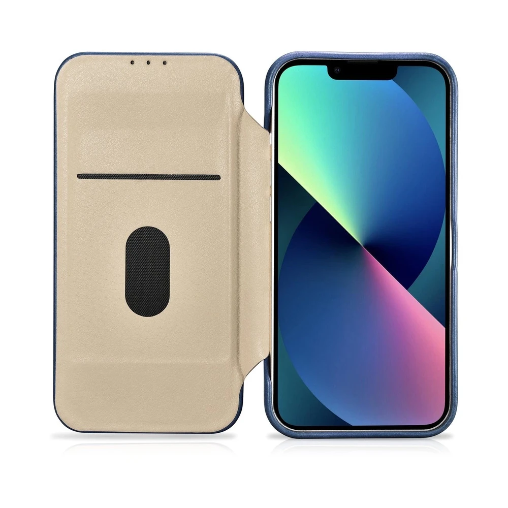 iCarer CE Oil Wax Premium Leather Apple iPhone 14 Plus magnetic atverčiamas MagSafe dėklas telefonui mėlynos spalvos (AKI14220707-BU)
