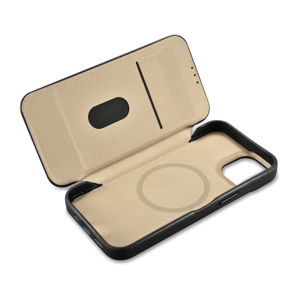 iCarer CE Oil Wax Premium Leather Leather Apple iPhone 14 Plus Magnetic atverčiamas MagSafe dėklas telefonui juodos spalvos (AKI14220707-BK)