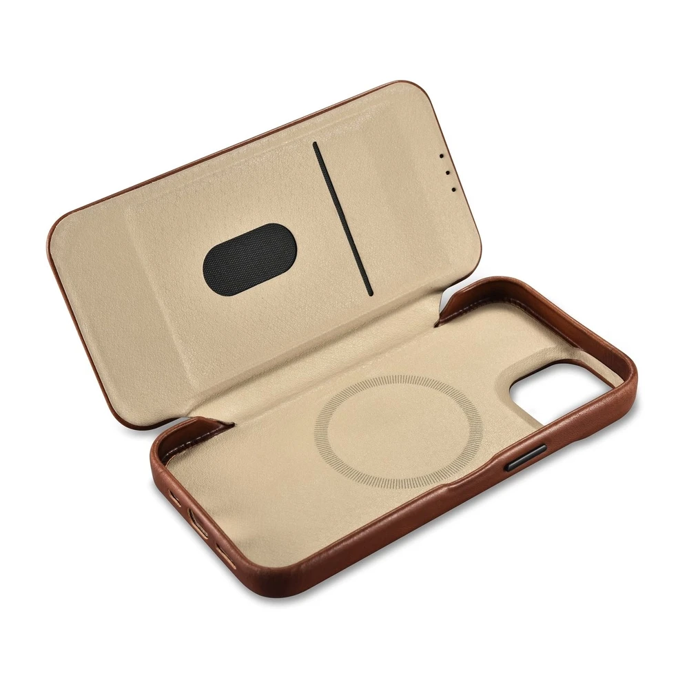 iCarer CE Oil Wax Premium Leather Apple iPhone 14 Plus magnetic atverčiamas MagSafe dėklas telefonui rudos spalvos (AKI14220707-BN)