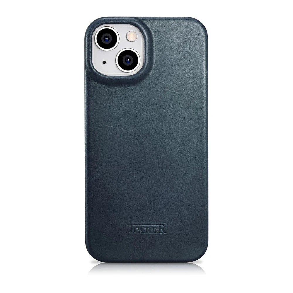 iCarer CE Oil Wax Premium Leather Apple iPhone 14 Plus magnetic atverčiamas MagSafe dėklas telefonui mėlynos spalvos (AKI14220707-BU)