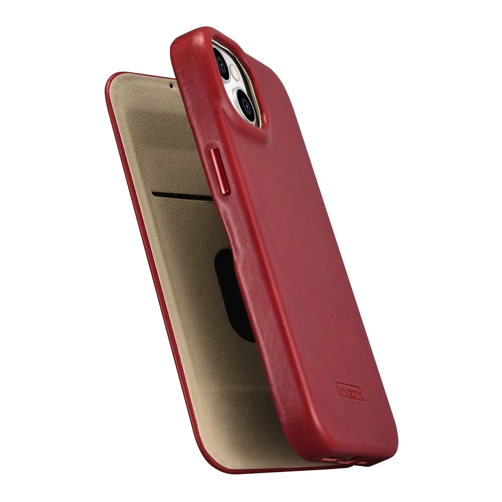 iCarer CE Oil Wax Premium Leather Apple iPhone 14 Plus Magnetic atverčiamas Leather MagSafe dėklas telefonui raudonos spalvos (AKI14220707-RD)